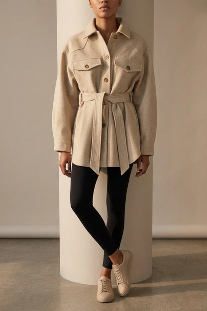Women's Belted Shacket with Button Front and Chest Pockets — variant_front