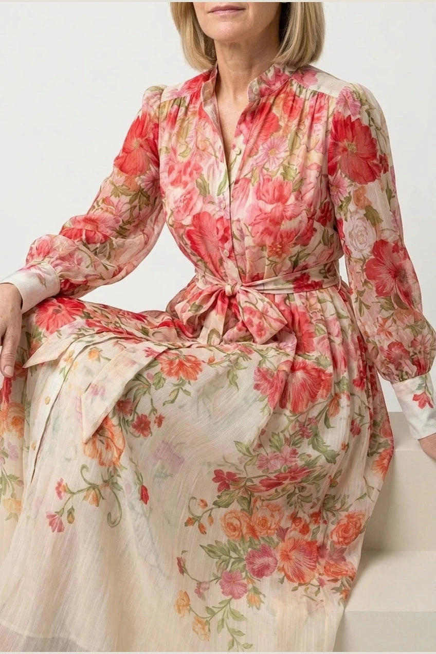 Floral Sheer Long Sleeve Maxi Dress With Tie Waist Button Front