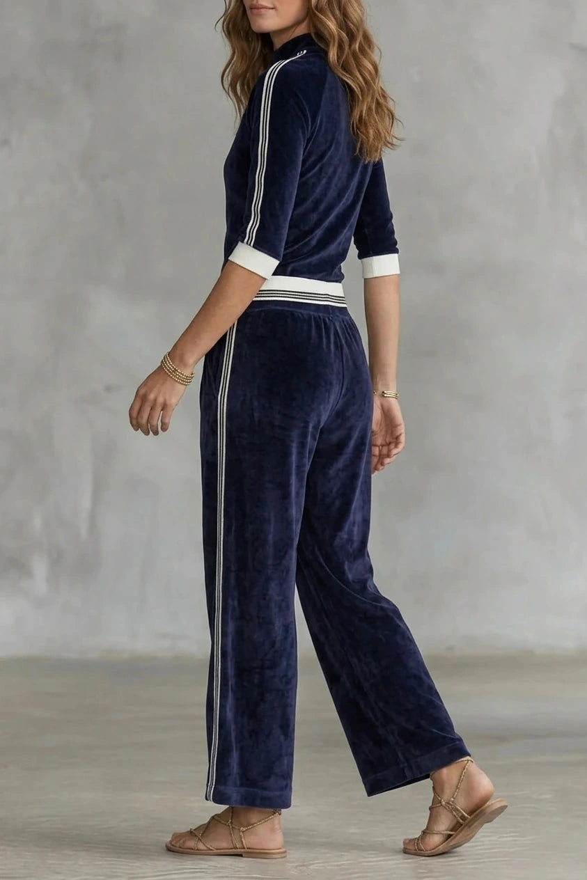 Luxe Velour Track Co-Ord Zip-Up Top And Wide-Leg Pants