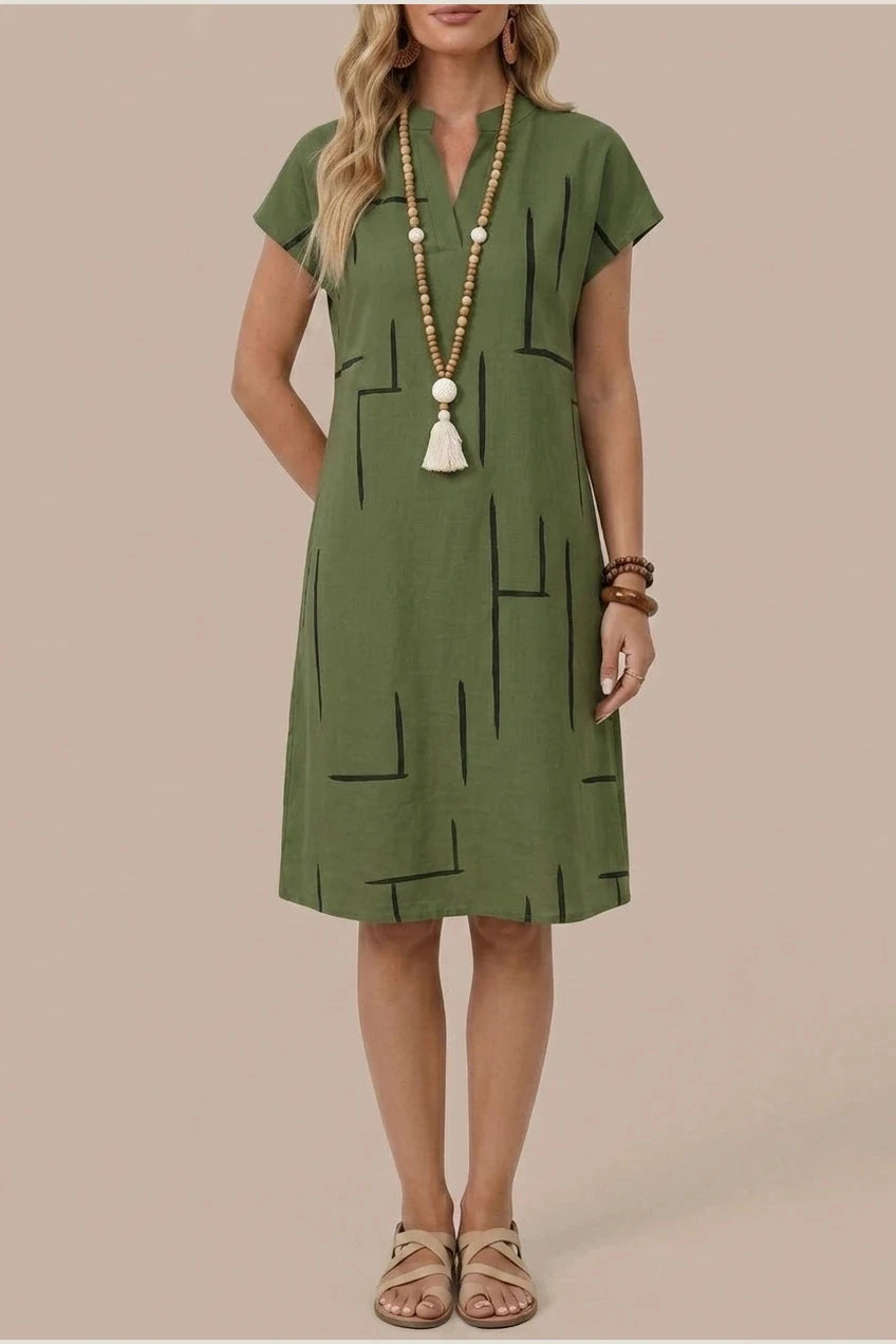 Notch Neck Shift Short Sleeve Knee Length Dresses With Abstract Print