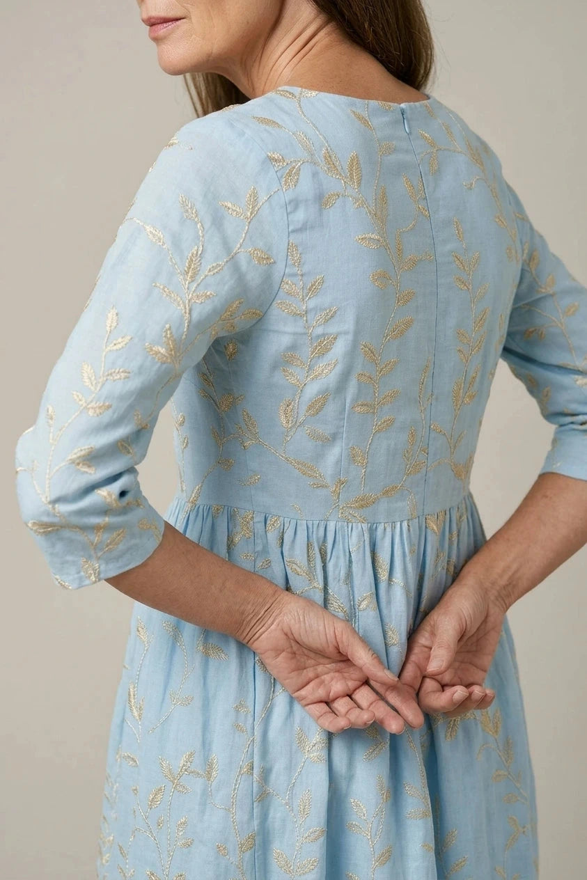 Shoreline Garden Dress, Embroidered Midi Dress With Round Neck And 3/4 Sleeves