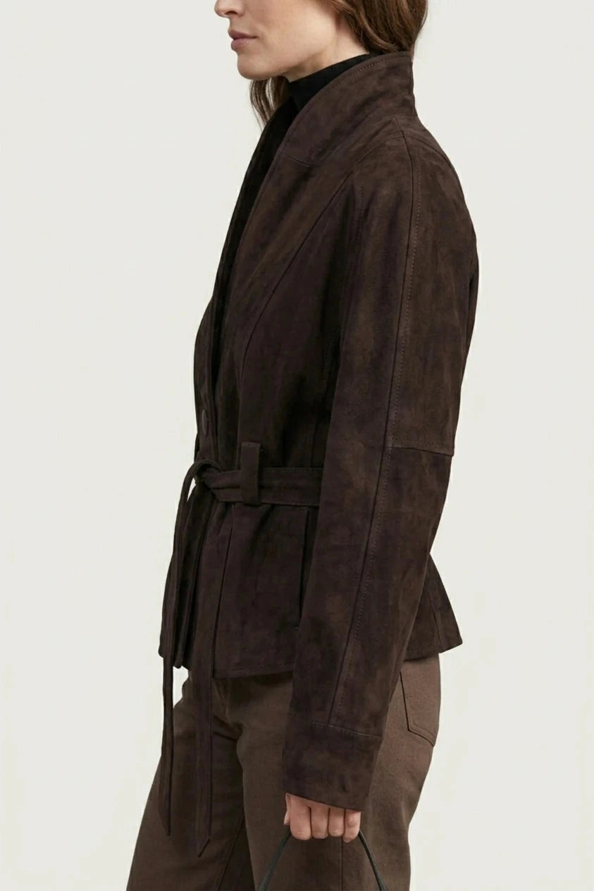 Cropped Double-Breasted Wool Jacket With Belted Waist And High Collar
