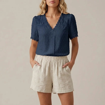 Bohemian Lace Trim Blouse with Swiss Dot Texture and V-Neckline — variant_front