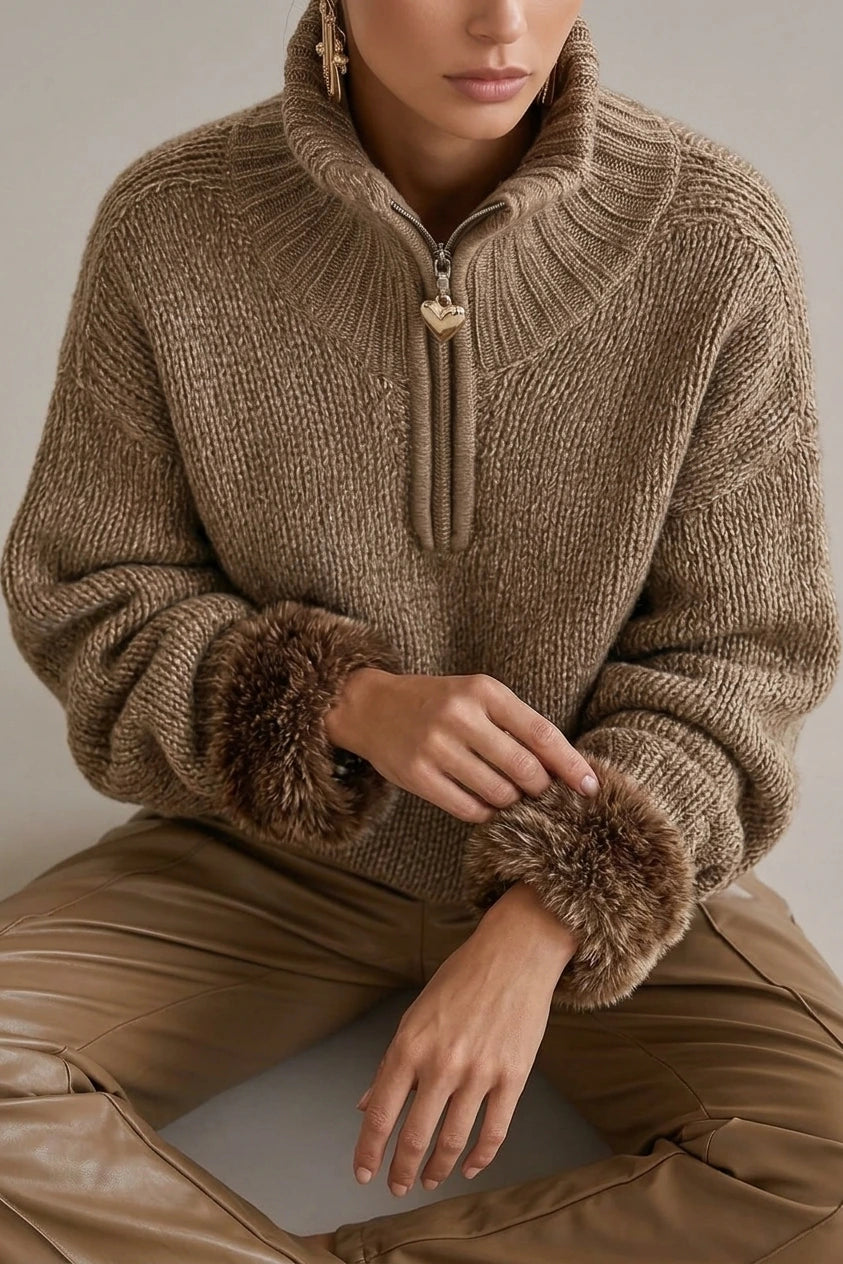 Cozy Half Zip Chunky Knit Sweater with Fur Cuffs — variant_front