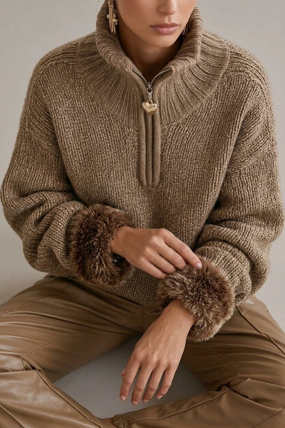 Cozy Half Zip Chunky Knit Sweater with Fur Cuffs — variant_front