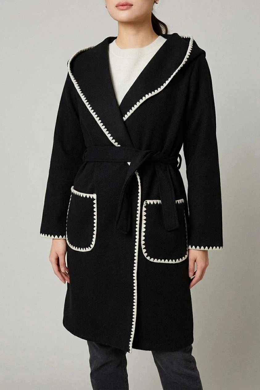 Blanket Stitch Tie Waist Longline Coat Hooded Belted With Patch Pockets