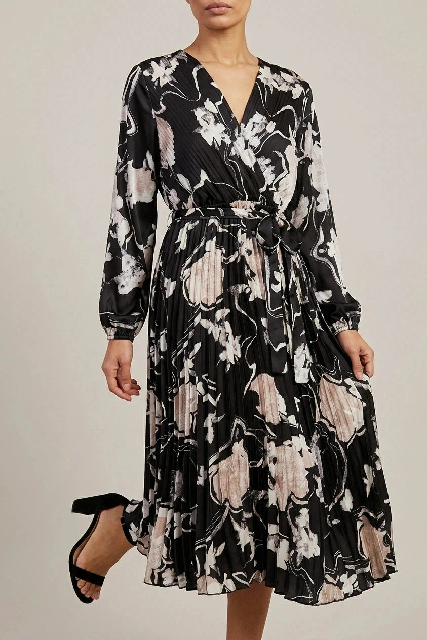 Floral Satin Pleated Midi Dress With Wrap Tie Waist V-Neck Long Sleeve
