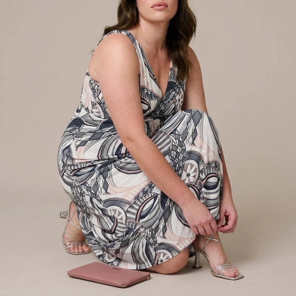 Abstract Print A-Line Maxi Dress V-Neck Sleeveless Empire Waist