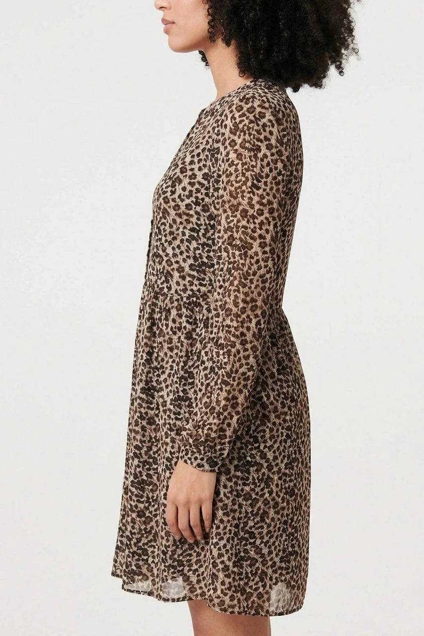 Animal Print Long Sleeve Short Dress V-Neck Button-Front Tiered Mini