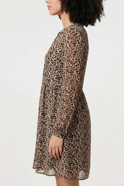 Animal Print Long Sleeve Short Dress V-Neck Button-Front Tiered Mini