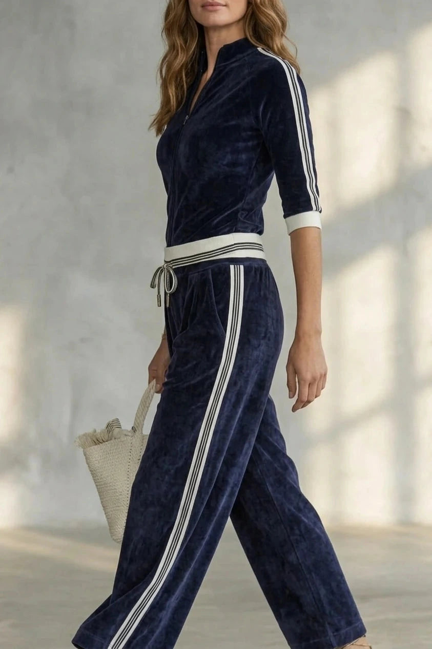 Luxe Velour Track Co-Ord Zip-Up Top And Wide-Leg Pants