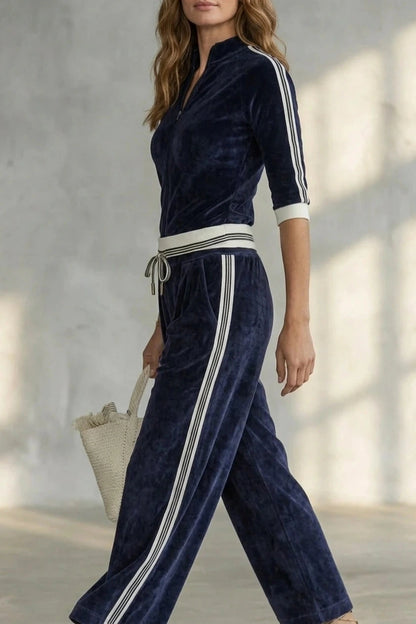 Luxe Velour Track Co-Ord Zip-Up Top And Wide-Leg Pants