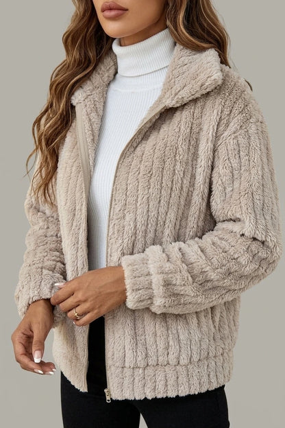 Cosy Teddy Fleece Jacket with Wide Collar and Ribbed Texture — variant_front