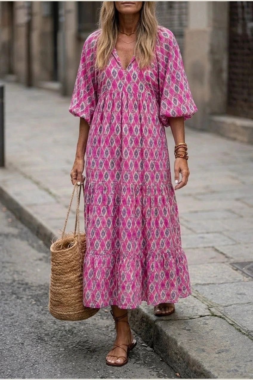 V Neck Tiered Maxi Smock Dress With Balloon Sleeves