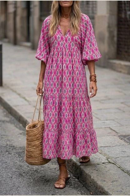 V Neck Tiered Maxi Smock Dress With Balloon Sleeves