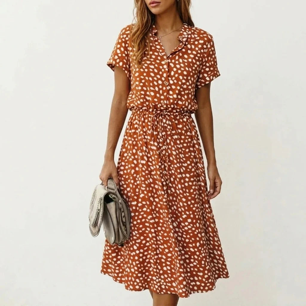 Women's Midi Dress with Button Front and Drawstring Waist — variant_front