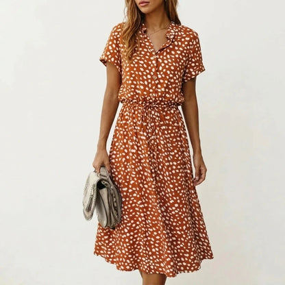 Women's Midi Dress with Button Front and Drawstring Waist — variant_front
