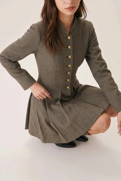 Brown Button Pleated Mini Dress — variant_front