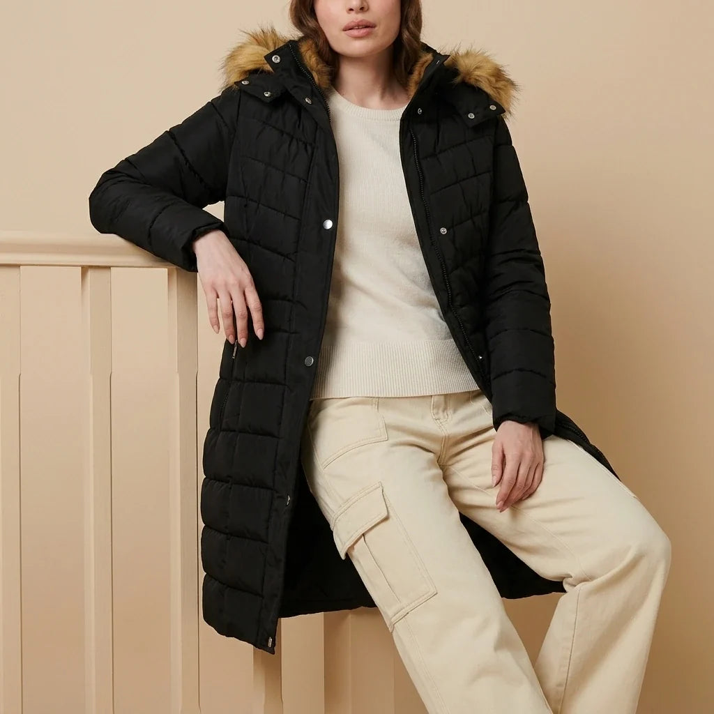 Hooded Faux Fur Trim Longline Jacket — variant_front