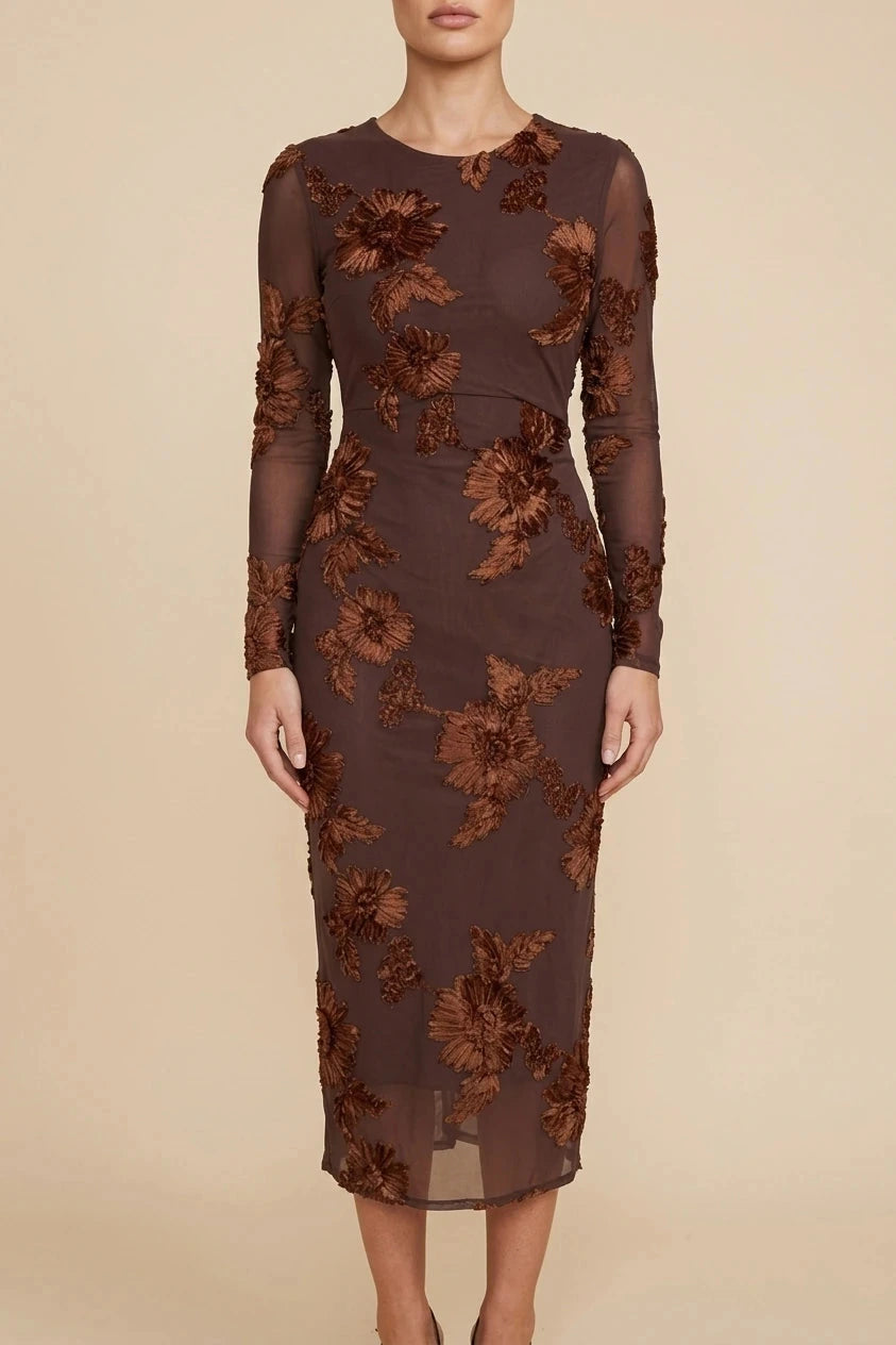 Floral Embroidered Mesh Bodycon Midi Dress