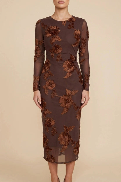 Floral Embroidered Mesh Bodycon Midi Dress