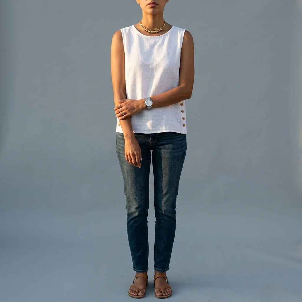Casual Linen Tank Top with Button Side Detail — variant_front