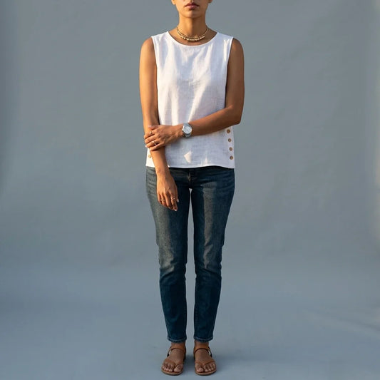 Casual Linen Tank Top with Button Side Detail — variant_front