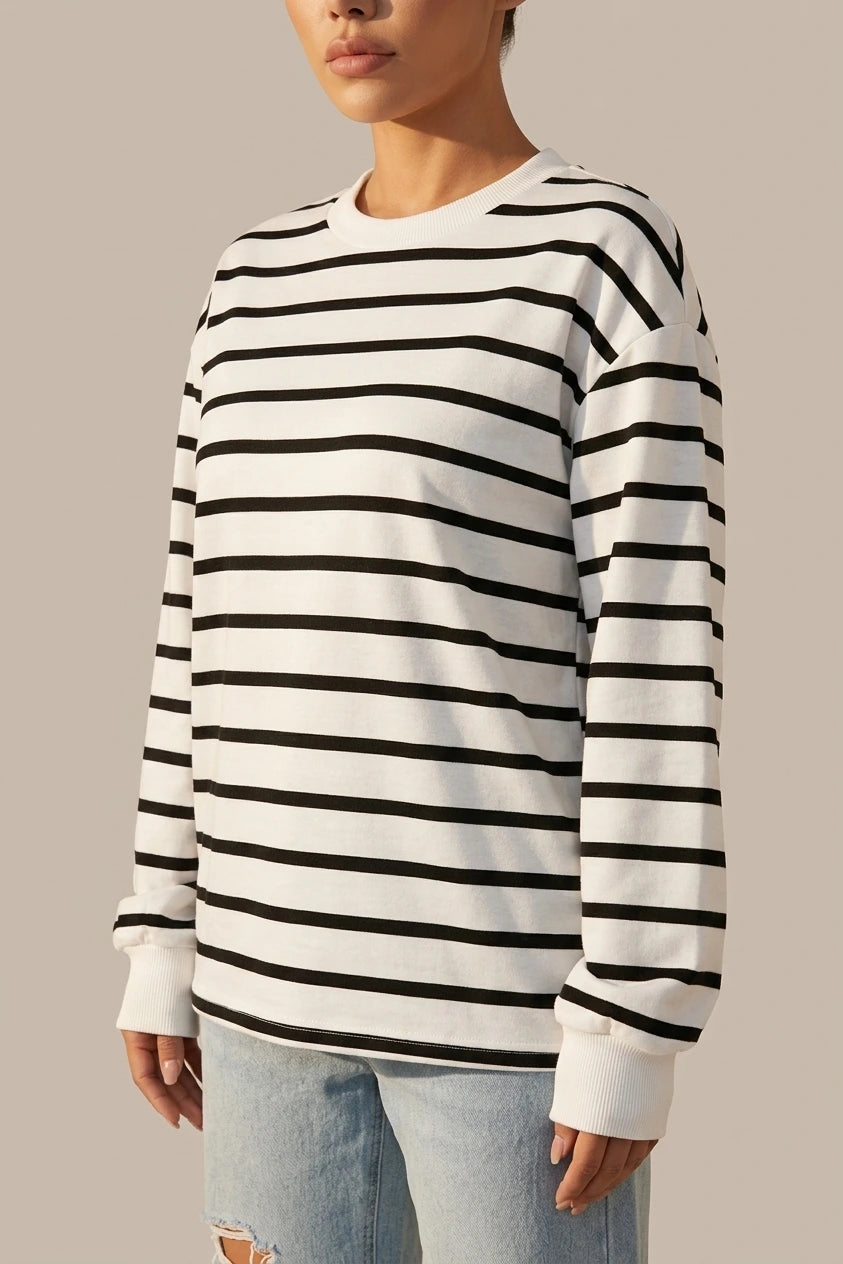 Relaxed Striped Crew Neck Sweatshirt with Ribbed Cuffs — variant_front