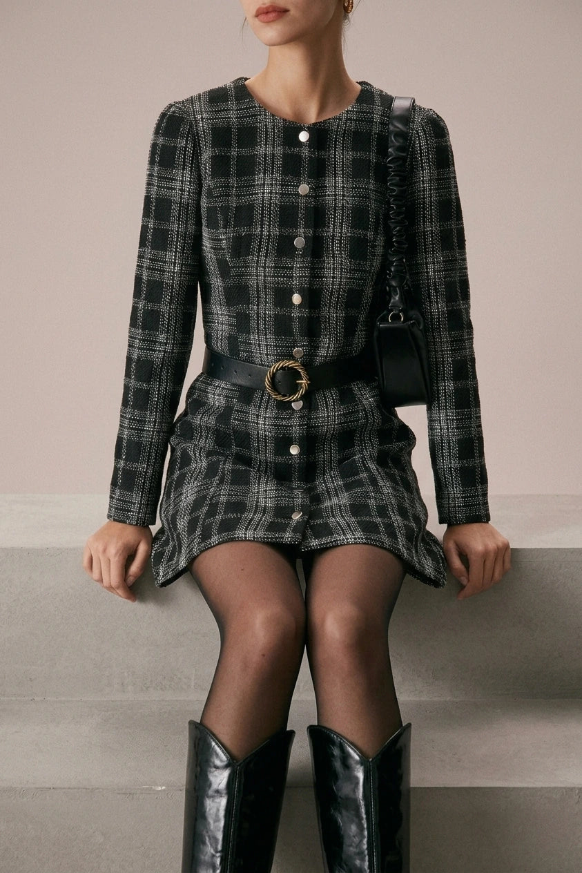The Black Crew Neck Plaid A-Line Mini Dress — variant_front