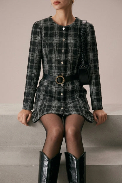 The Black Crew Neck Plaid A-Line Mini Dress — variant_front