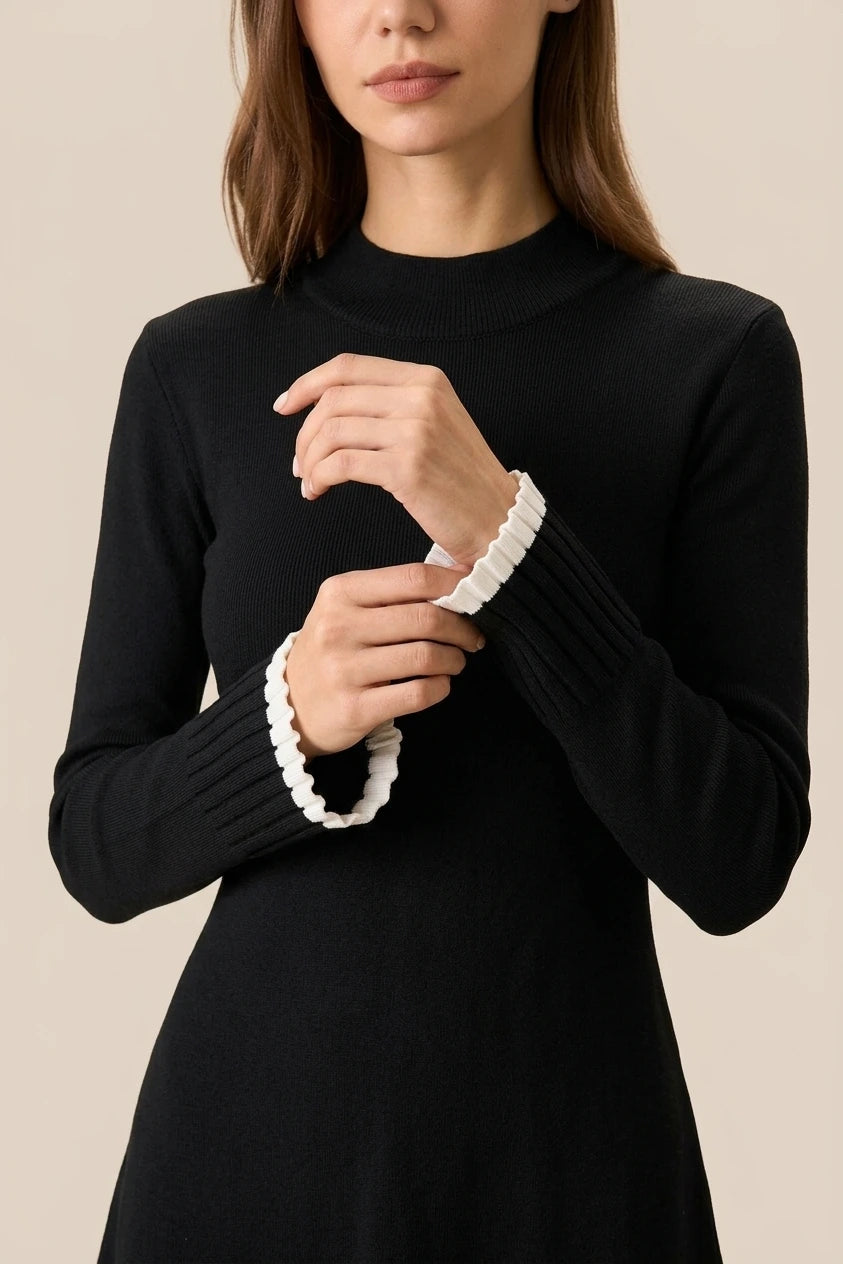 Black Contrasting Long Sleeve Sweater Mini Dress — variant_front