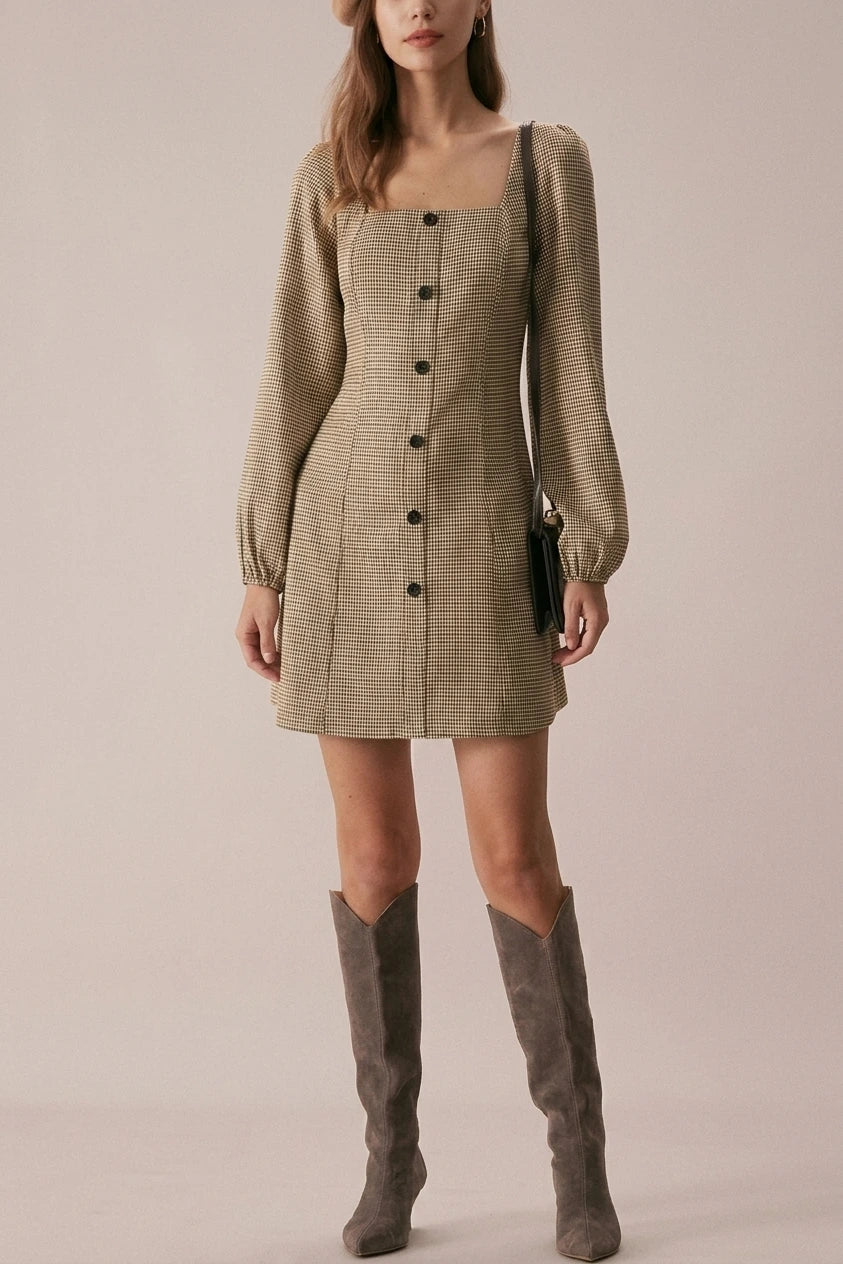 The Khaki Square Neck Plaid Button Mini Dress — variant_front