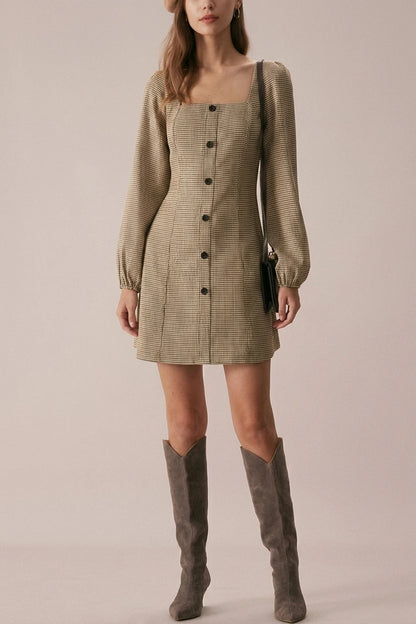 The Khaki Square Neck Plaid Button Mini Dress — variant_front