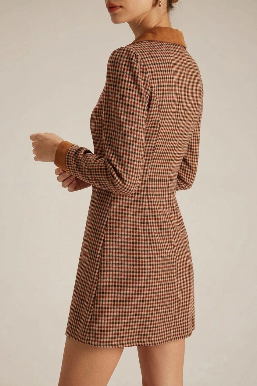 The Brown Plaid Spliced Suede Mini Dress — variant_front