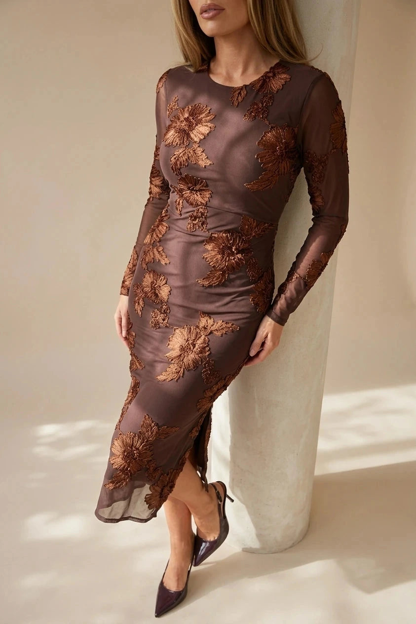 Floral Embroidered Mesh Bodycon Midi Dress