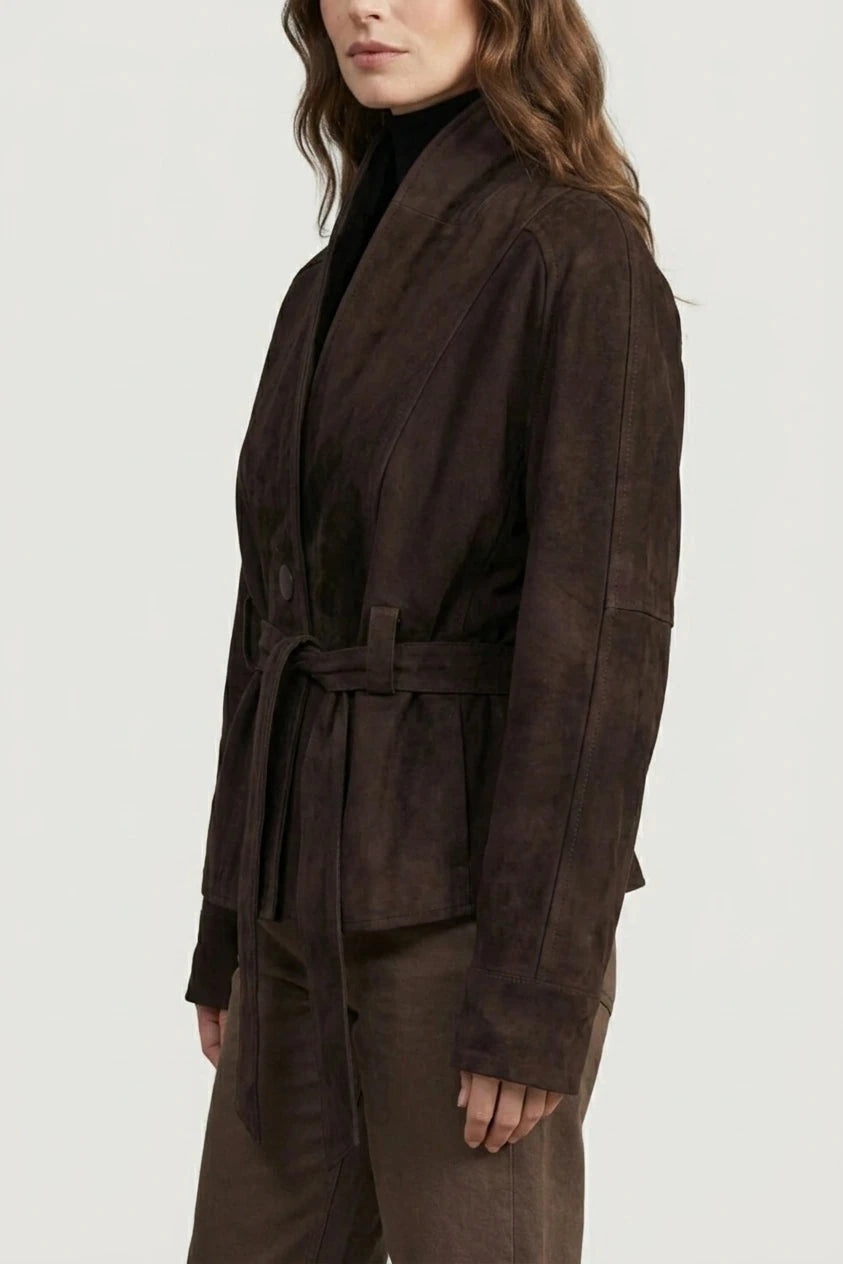 Cropped Double-Breasted Wool Jacket With Belted Waist And High Collar