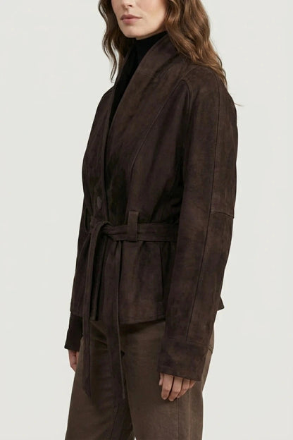 Cropped Double-Breasted Wool Jacket With Belted Waist And High Collar