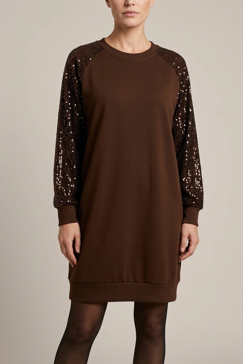 Women's Sequin Sleeve Sweatshirt Dress with Crew Neck — variant_front