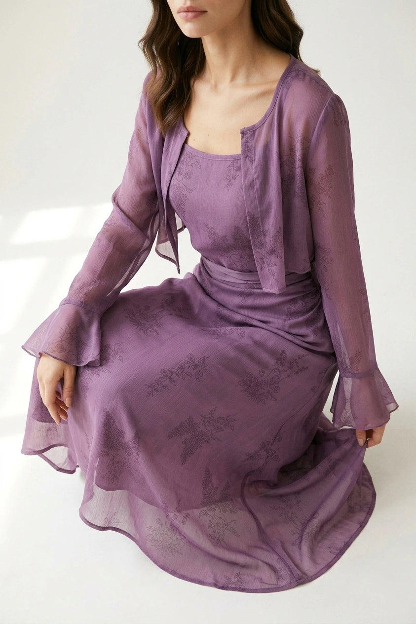 Purple Floral Ruched Slip Midi Dress — variant_front