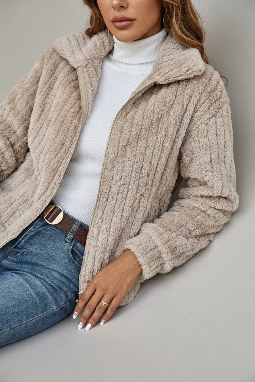 Cosy Teddy Fleece Jacket with Wide Collar and Ribbed Texture — variant_front
