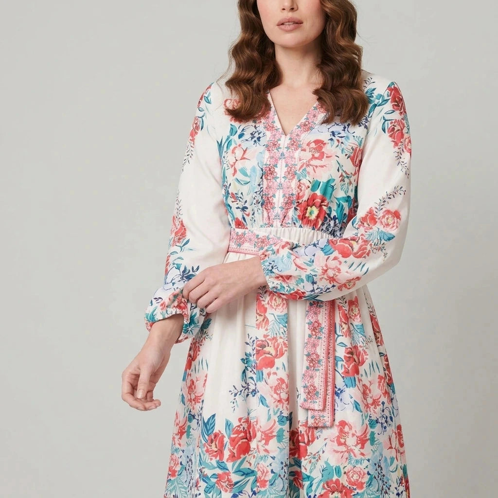 Floral Tie Waist Long Sleeve Short Dress With V-Neck And Pockets