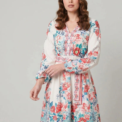 Floral Tie Waist Long Sleeve Short Dress With V-Neck And Pockets