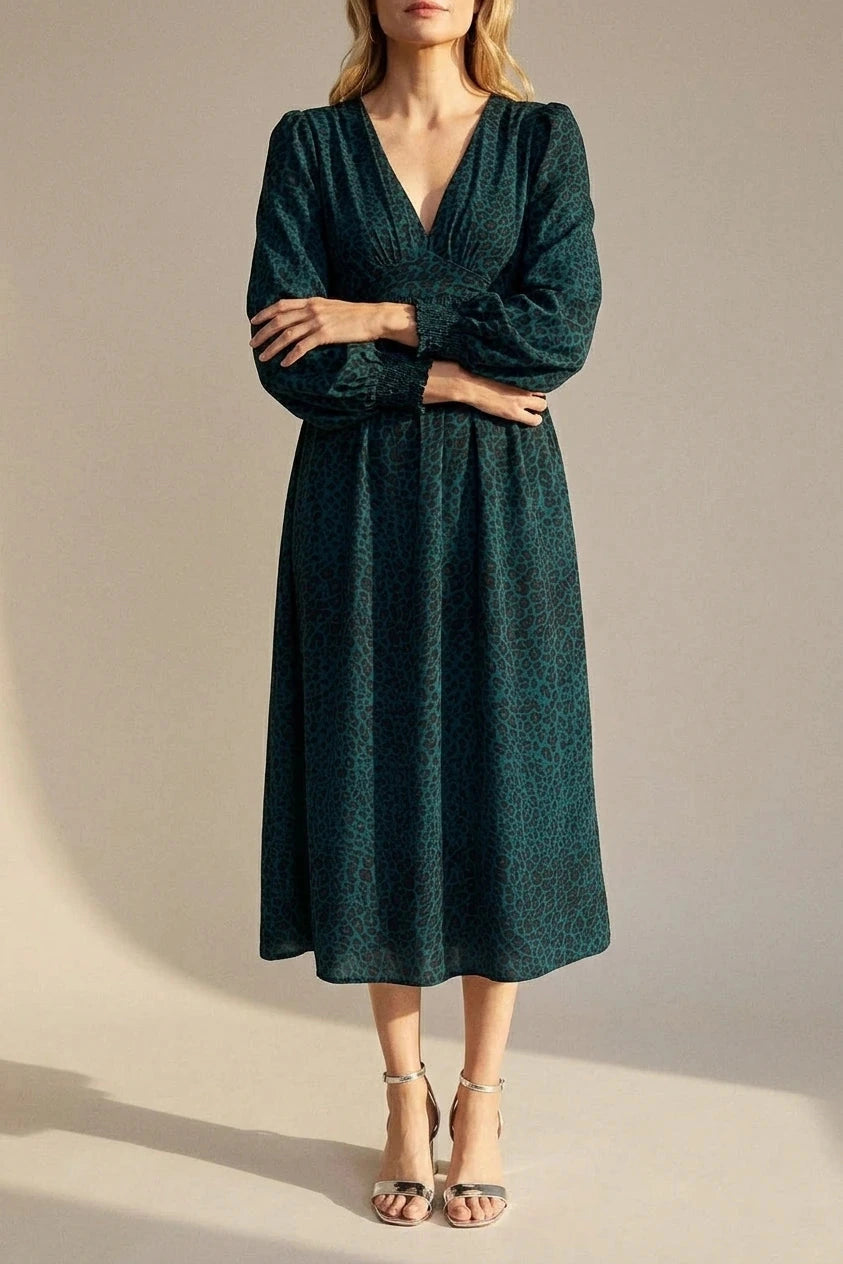 Animal Print Long Puff Sleeve Midi Dress V-Neck Empire Waist