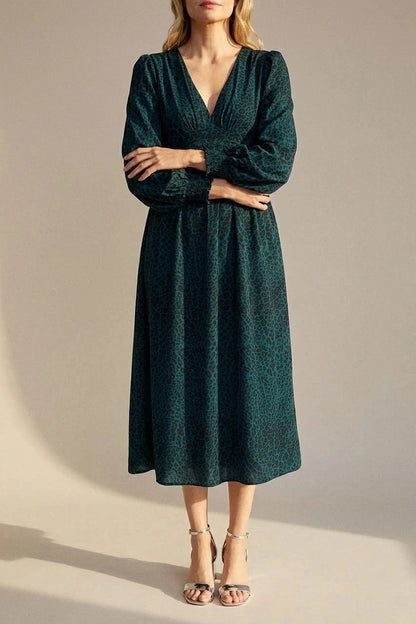 Animal Print Long Puff Sleeve Midi Dress V-Neck Empire Waist