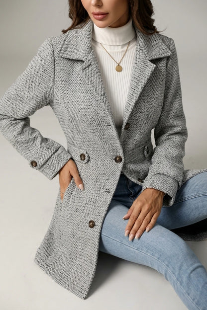 Grey Herringbone Wool Coat with Cinched Waist — variant_front