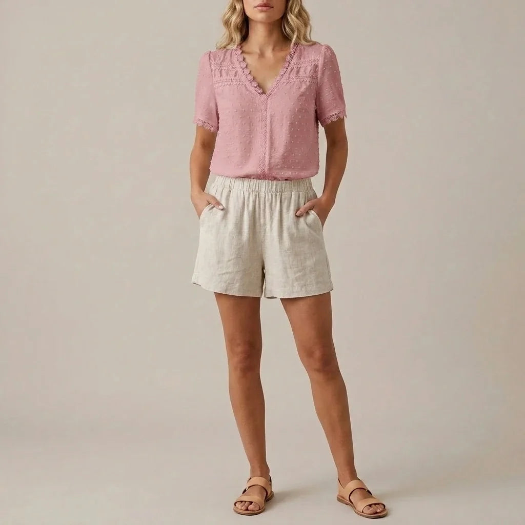 Bohemian Lace Trim Blouse with Swiss Dot Texture and V-Neckline — variant_front