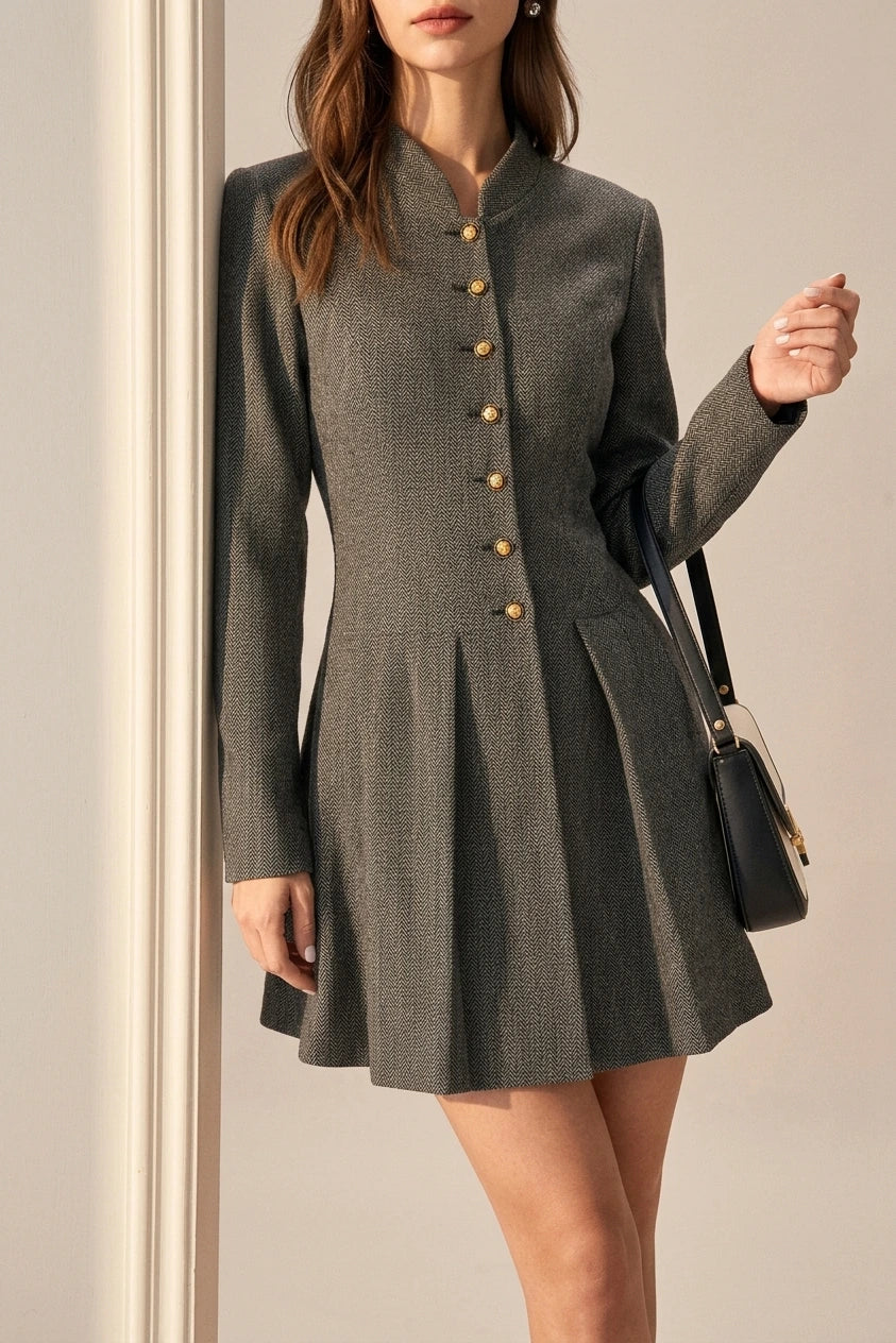Grey Button Pleated Mini Dress — variant_front
