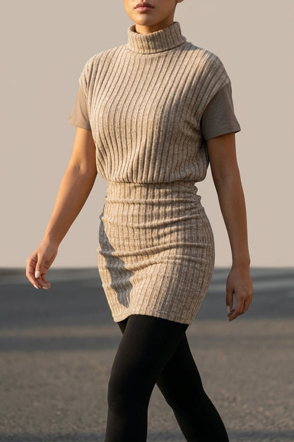 Ribbed Knit Turtleneck Mini Dress with Gathered Waist — variant_front