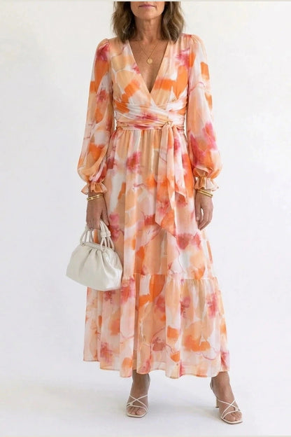 Printed Long Sleeve V-Neck Maxi Dress With Smocked Waist