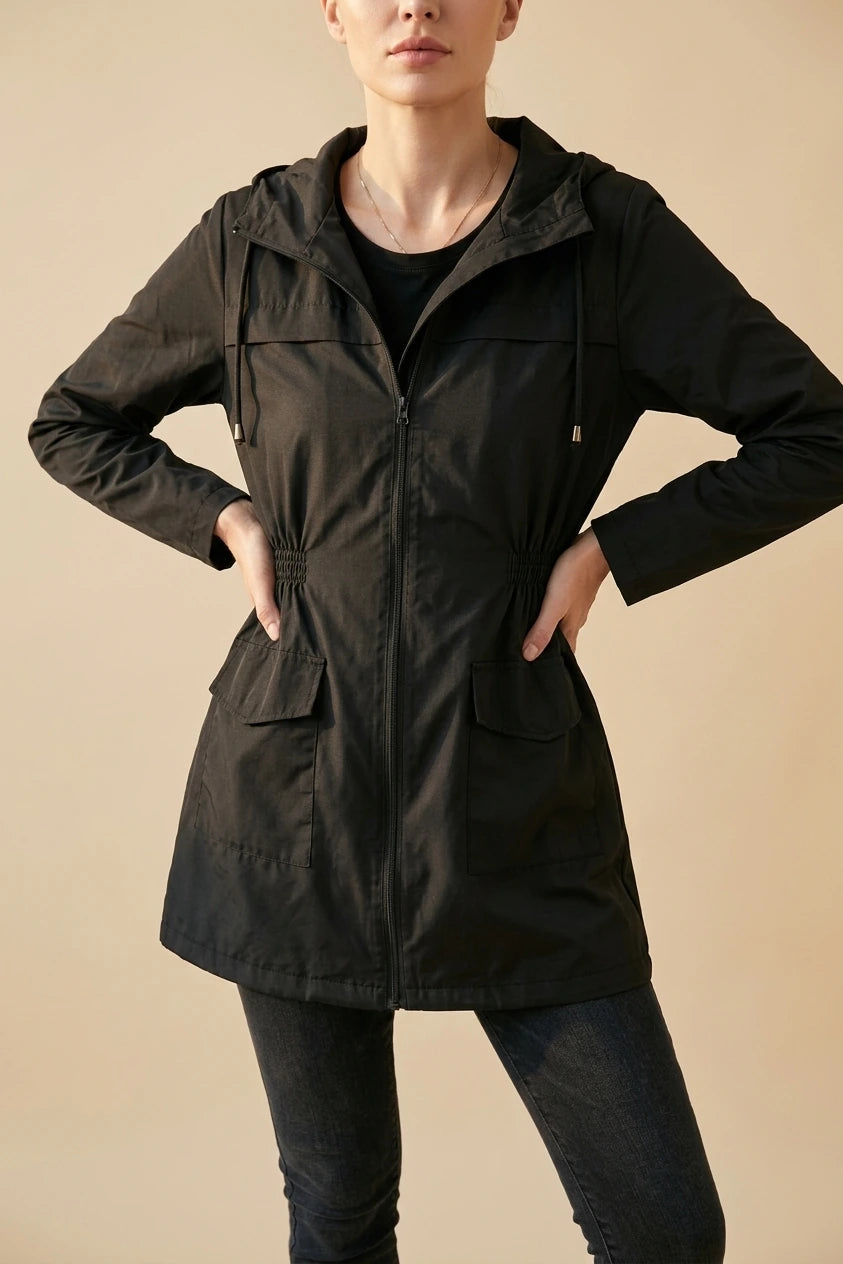Hooded Lightweight Rain Jacket with Elasticated Waist — variant_front